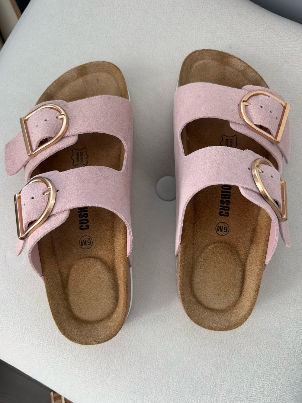 Women’s Pink Double-Buckle Slide Sandals with Gold Buckles